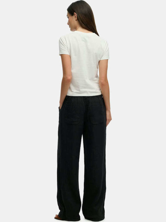 Linen Low Rise Women's Linen Trousers with Rubber Band in Loose Fit Black