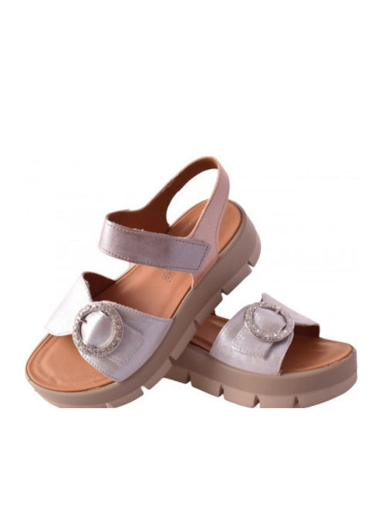 Δερμάτινα Γυναικεία Σανδάλια Flatforms Ασημί
