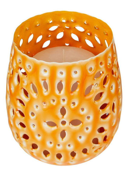 Suport De Lumânări Metalic Albastru Marocco Model Perforat Portocaliu Metalic Lungime 11cm X Lățime 11cm X Înălțime 13cm