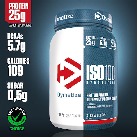 Dymatize ISO 100 Hydrolyzed Whey Protein Gluten Free with Strawberry Flavor 932g