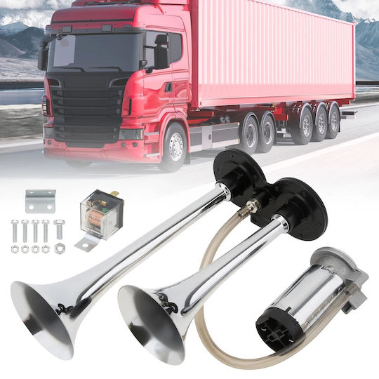 Claxon Bitonal 2 Trompete Super Puternic 178db Alimentare 12v Inclus Compresor Electric Crom Negru