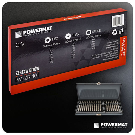 Powermat Pm-zb-40t Комплект Винтовертни Битове Хекс Торкс Сплайн 1/2" 3/8" 40 Бройки