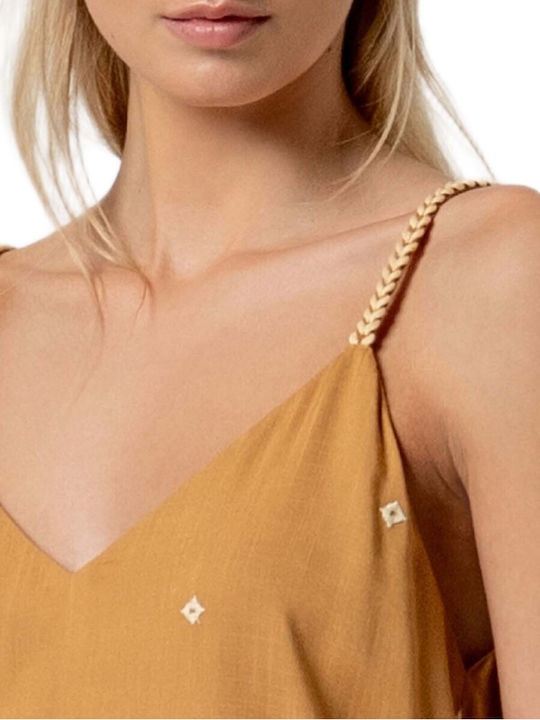 Damen Bluse mit Spaghetti-Träger & V-Ausschnitt Braun