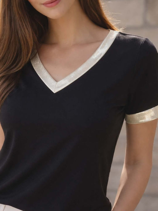 Bluza Damă Bumbac Mâneci Scurte cu Decolteu în V Neagră