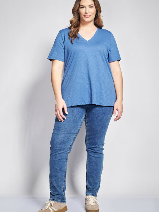 Bluza Damă Bumbac Mâneci Scurte cu Decolteu în V Albastră