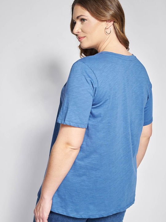 Bluza Damă Bumbac Mâneci Scurte cu Decolteu în V Albastră