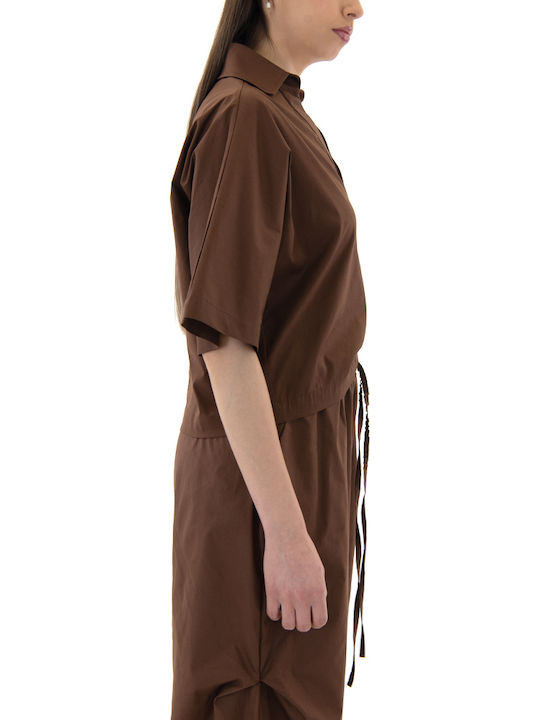 Women's Cotton Short Sleeve Blouse with V-Neck Brown