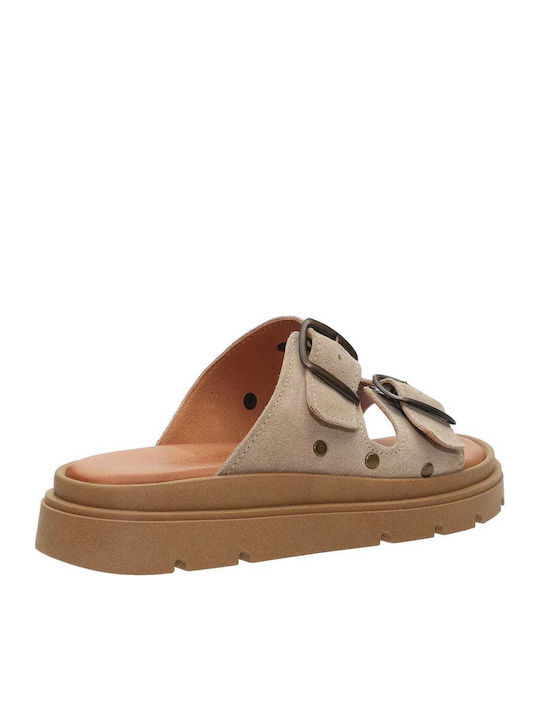Deri Damen Flache Sandalen Flatforms Beigen