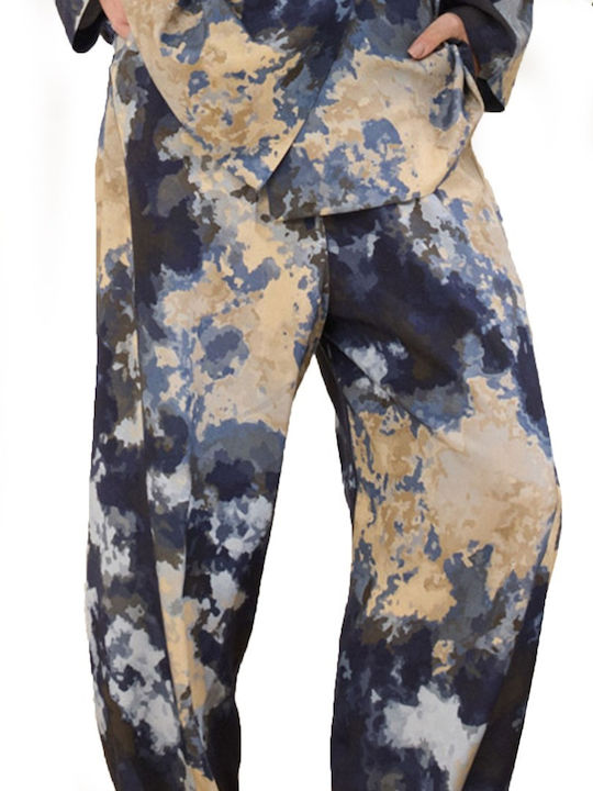 Women's High Rise Fabric Trousers with Rubber Band in Baggy Leg Style Blue