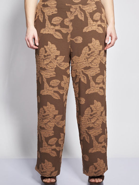Pantaloni Dama Largi Cu Cauciuc Floral Maro High Rise