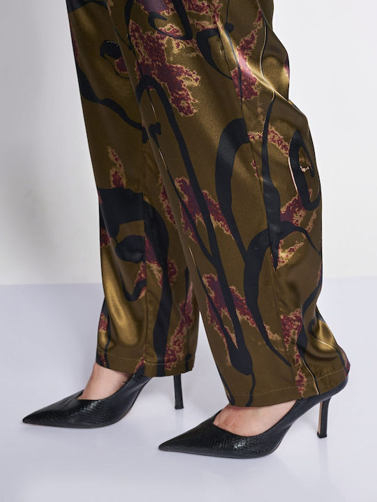 Pantaloni Largi Satin pentru Damă cu Elastic Croială Dreaptă Floral