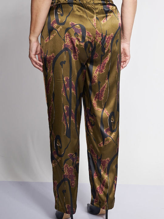 Pantaloni Largi Satin pentru Damă cu Elastic Croială Dreaptă Floral