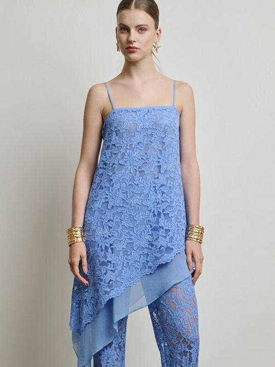 Women's Light Blue Set with High Rise Trousers with Rubber Band in Straight Leg Floral