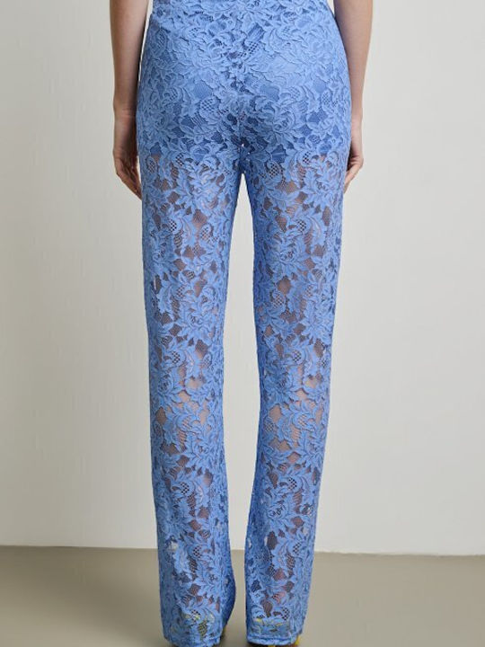 Women's Light Blue Set with High Rise Trousers with Rubber Band in Straight Leg Floral