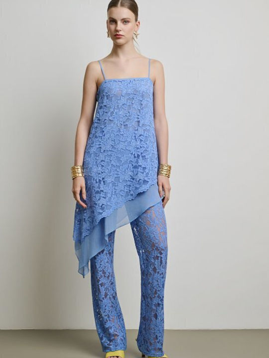Women's Light Blue Set with High Rise Trousers with Rubber Band in Straight Leg Floral