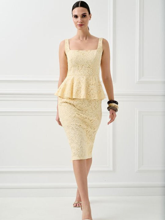 Peplum Καλοκαιρινό Midi Φόρεμα για Γάμο / Βάπτιση με Δαντέλα Κίτρινο