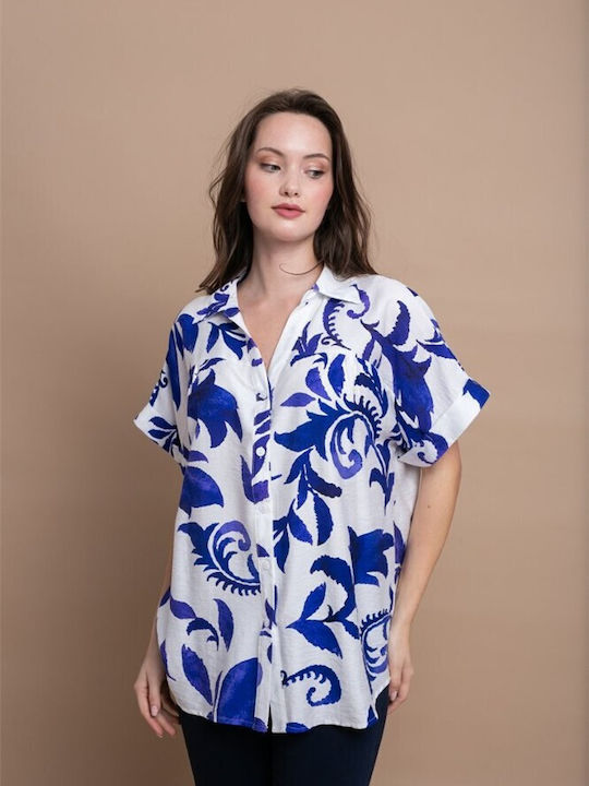 Damen Denim Halbknopfhemden Blau Blumen