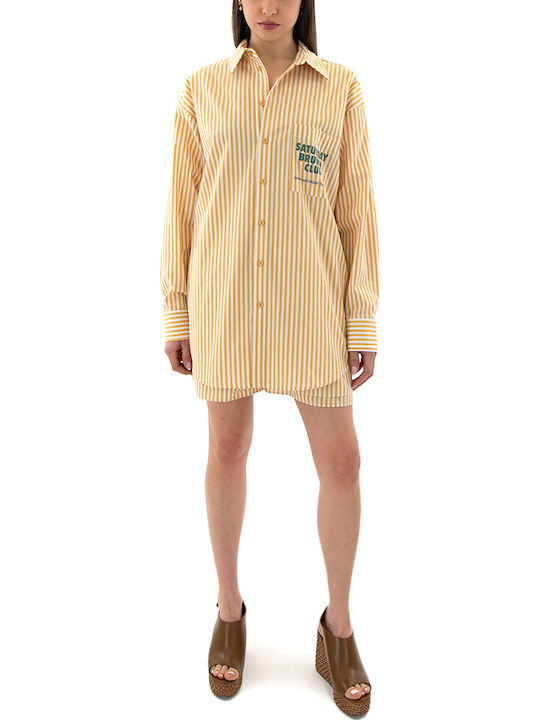 Long Sleeve Women's Shirt Yellow- White Striped