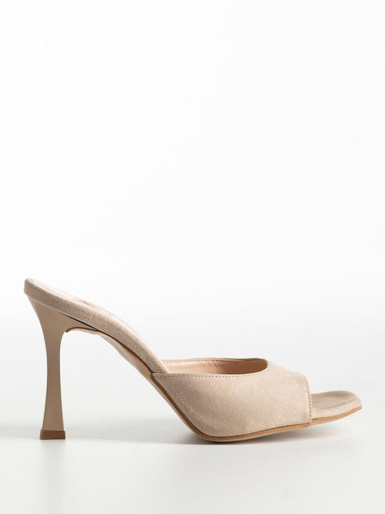 Gin Suede Mules με Λεπτό Ψηλό Τακούνι σε Μπεζ Χρώμα