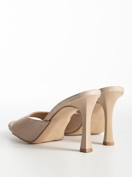 Gin Suede Mules με Λεπτό Ψηλό Τακούνι σε Μπεζ Χρώμα