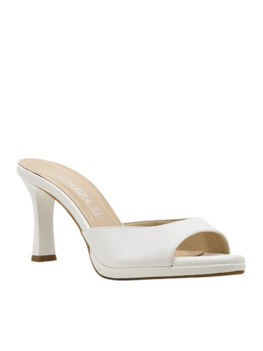 Leather Women's Mules with Thin High Heel in White Color