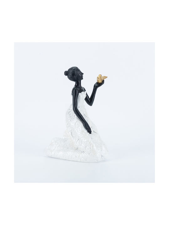 Woman Bird Gold Polyresin White Black 15x13x19.5cm