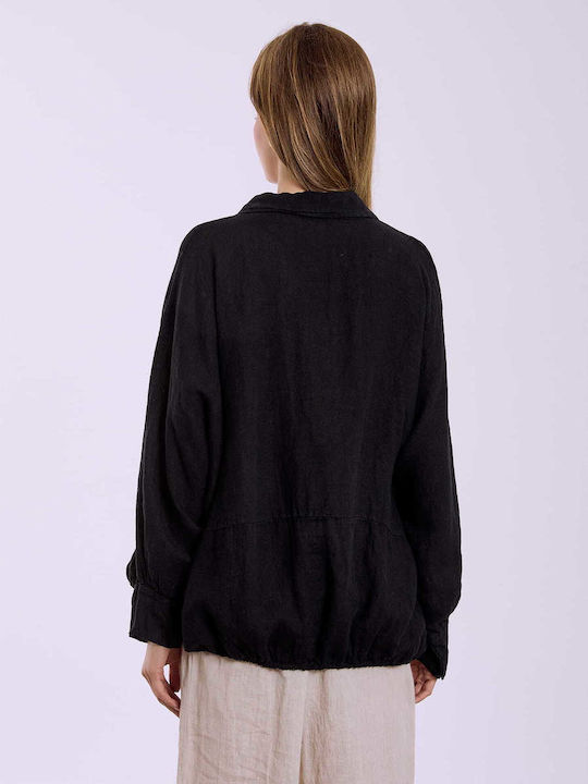 Celestino Damenjacken Leinen Asymmetrisch Loose Fit Schwarz