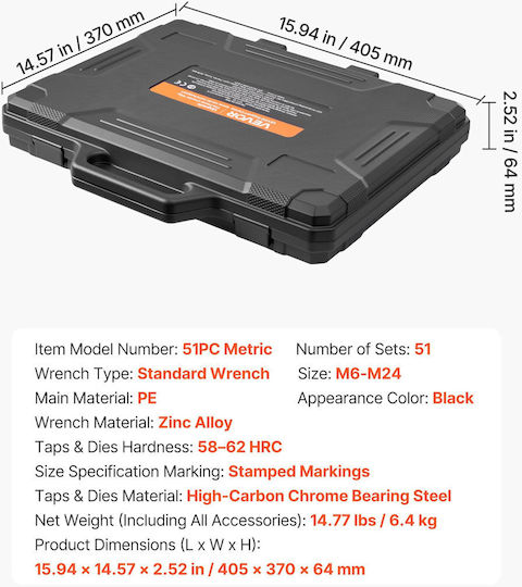 Vevor Set of Hand Taps and Threaders 51 Pieces Metric Sizes M6–M24 Coarse Fine Thread Key Accessories Steel Bearing Carrying Case Szhbytzdcc5190drk001v0
