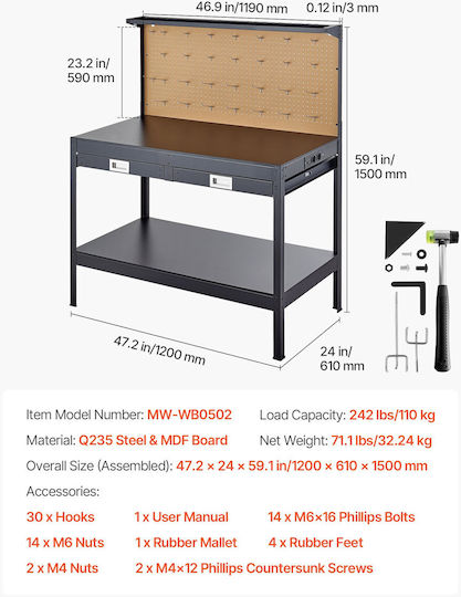 Vevor Bancă de Lucru Rezistentă 110kg DGBGZT48X24IFG11E001V2