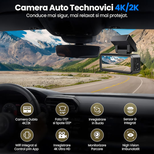 Set Cameră DVR Auto 4K Wi-Fi GPS și Cameră Marșarier