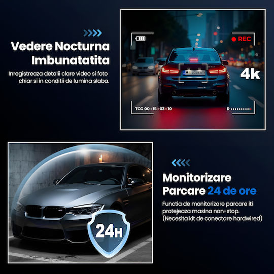 Set Cameră DVR Auto 4K cu Ecran Wi-Fi GPS și Cameră Marșarier