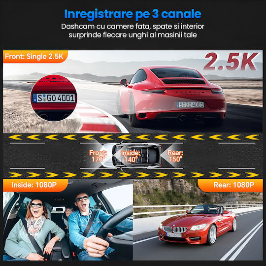 Комплект Камера DVR за Автомобил 1440P със Дисплей 3.16" Wi-Fi GPS и Задна Камера