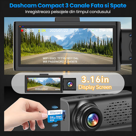 Set Cameră DVR Auto 1440P cu Ecran 3.16" Wi-Fi, GPS și Cameră Marșarier