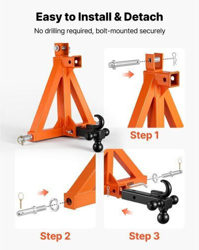 Vevor 3 Point Trailer Hitch 50.8mm Receiver 3 Pt Quick Hitch 3 Trailer Balls Tractor Tow Drawbar Adapter Category 1 Kubota Mahindra Ford Yanmar John Deere Massey Ferguson Orange