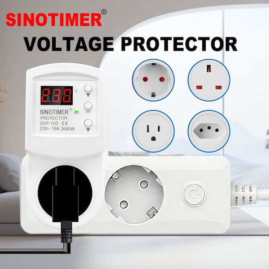 Sinotimer Svp-102 Smart Socket Voltage Protection 230v 16a 3680w Led Display Automatic Overvoltage Undervoltage Adjustment