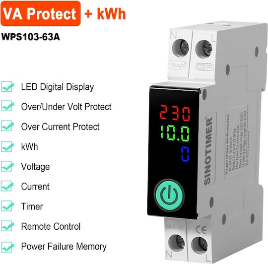 Sinotimer Wps103-63a Întrerupător Automat Inteligent Wifi Protecție Tensiune Curent Monitorizare Kwh Tuya 230v
