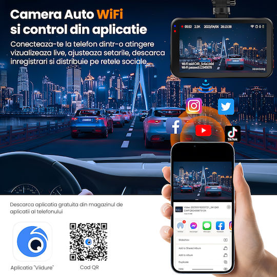 Set Camera DVR Auto 1440P Cu Ecran 3 Wi-Fi & Cameră Video Spate