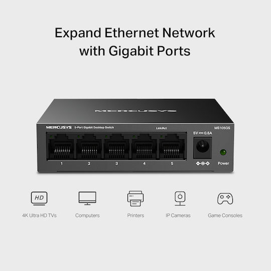 Mercusys MS105GS v2 Неуправляем L2 Суич с 5 Gigabit (1Gbps) Ethernet Порта