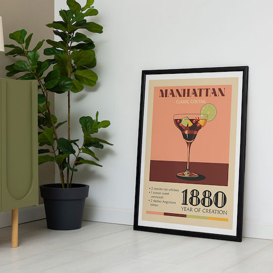 Poster Vintage Manhattan Classic Cocktail Pst25384 50cm X 70cm Frame Natural Wooden Beige