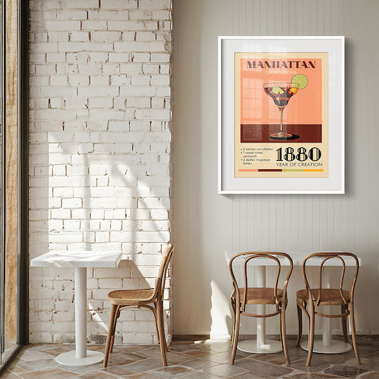 Poster Vintage Manhattan Classic Cocktail Pst25384 50cm X 70cm Frame Natural Wooden Beige