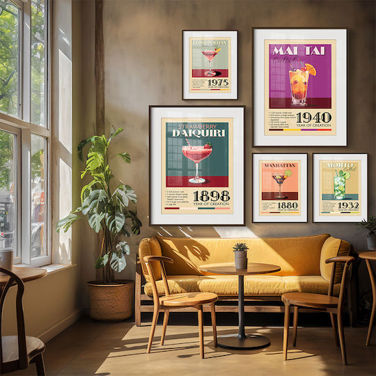 Poster Vintage Manhattan Classic Cocktail Pst25384 50cm X 70cm Frame Natural Wooden Beige