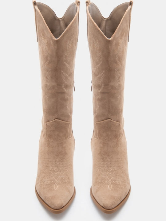 Suede Women's Boots Cowboy with Medium Heel Beige