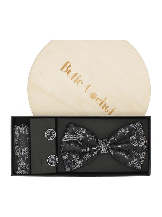 3-piece Set Bow Tie Cufflinks Pocket Square Men Buticcochet Black Setp290