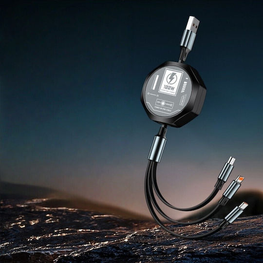 3in1 Retractable Cable Phone Flippy 100w Fast Charging Cable Mecha Style Suitable Car Universal 1.2m Black