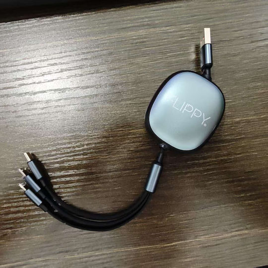 Universal Retractable Phone Cable Flippy Universal 3in1 Any Phone Type Micro-usb Lightning Type-c 1.2m Black