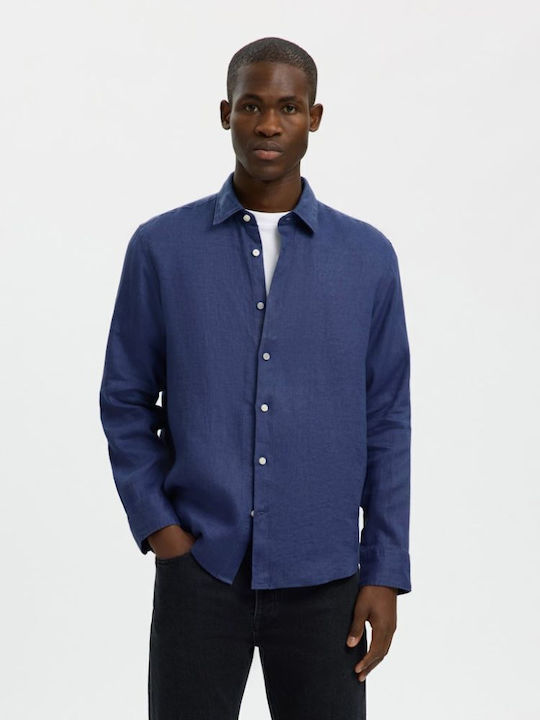 Kylian Long Sleeve Linen Shirt in Regular Fit Navy Blue