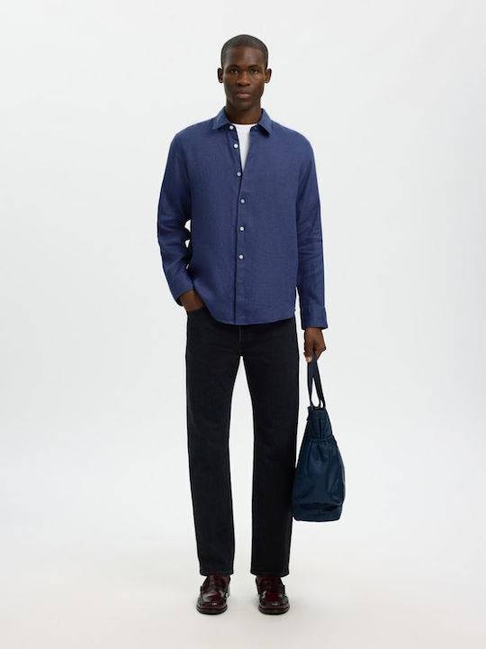 Kylian Long Sleeve Linen Shirt in Regular Fit Navy Blue