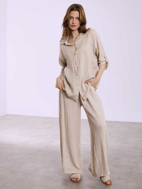 Celestino Women's Linen Shirt Three Quarter Sleeve Loose Fit Beige