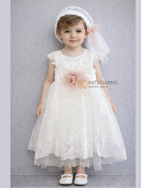 Carousel White Baptism Clothing Set with Hair Accessories , Cardigan & Dress made of Lace 3pcs