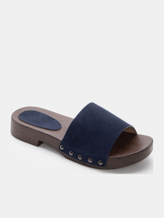 Flat Suede Mules In Navy Blue Colour